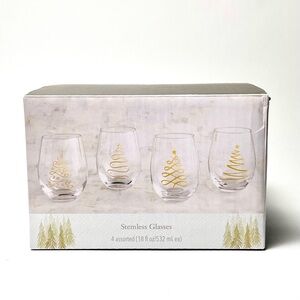 Pier 1 Stemless Glasses 18 fl. oz. Set of 4 Holiday Christmas Gold Trees NEW